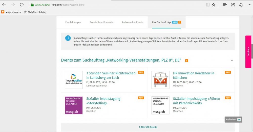 Suchauftrag Events - Ansicht Suchauftrag