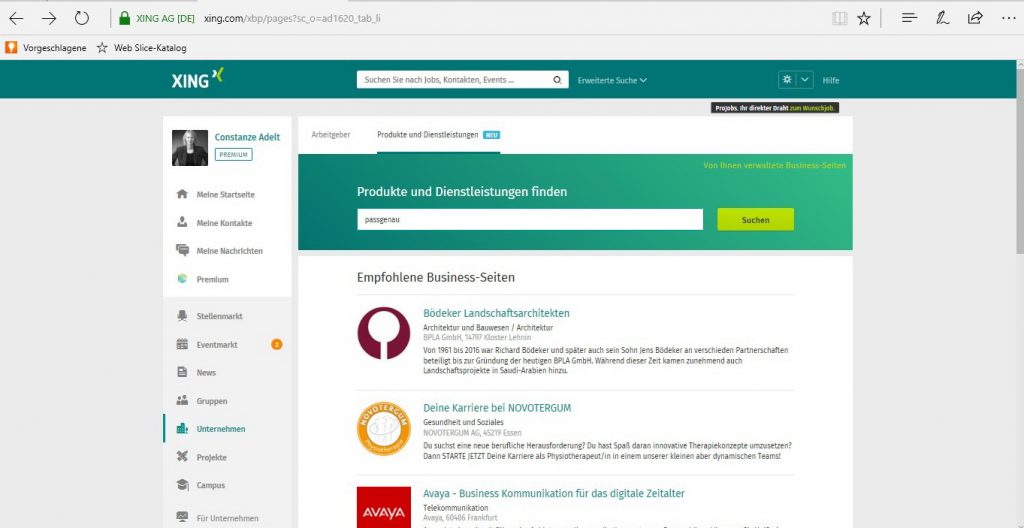 Suche nach Business-Seite, Einstieg über Navigationspunkt Unternehmen