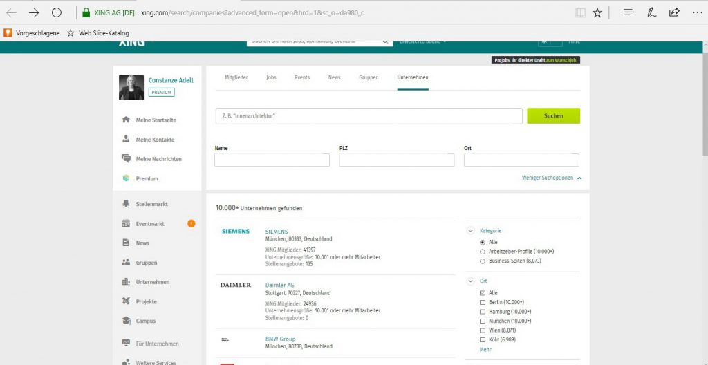 Suche nach Unternehmen - Unternehmensprofil, Business-Seite