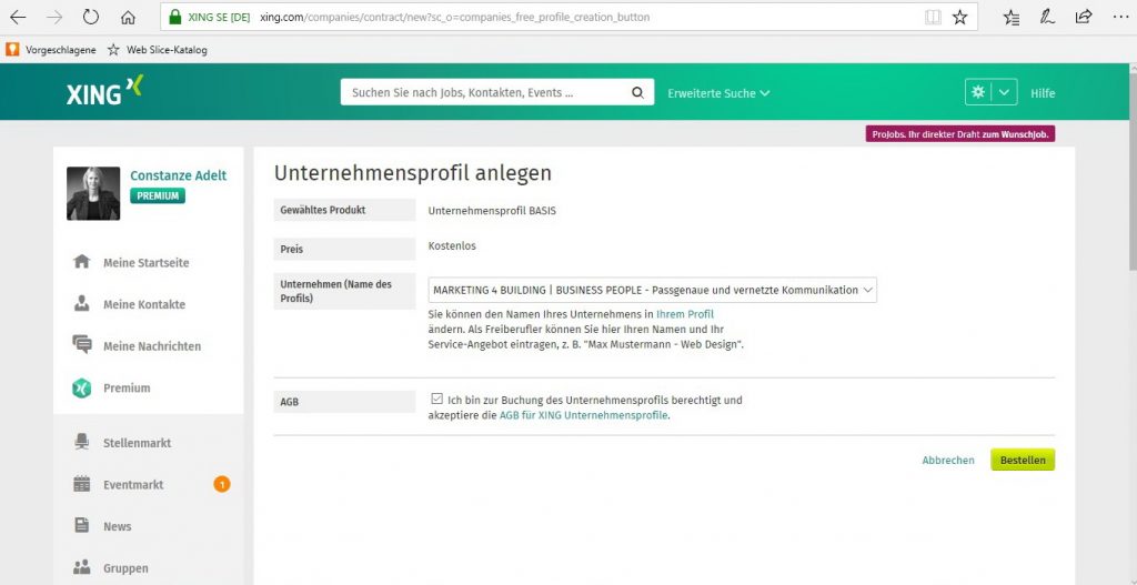 Unternehmensprofil gratis - sofort erstellbar mit Freigabe durch XING