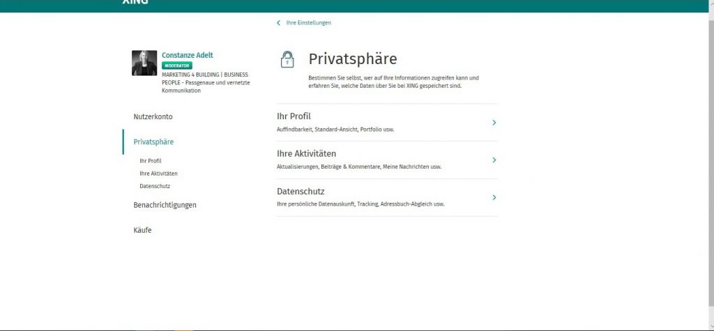 Einstellungen - Rubrik Privatsphäre