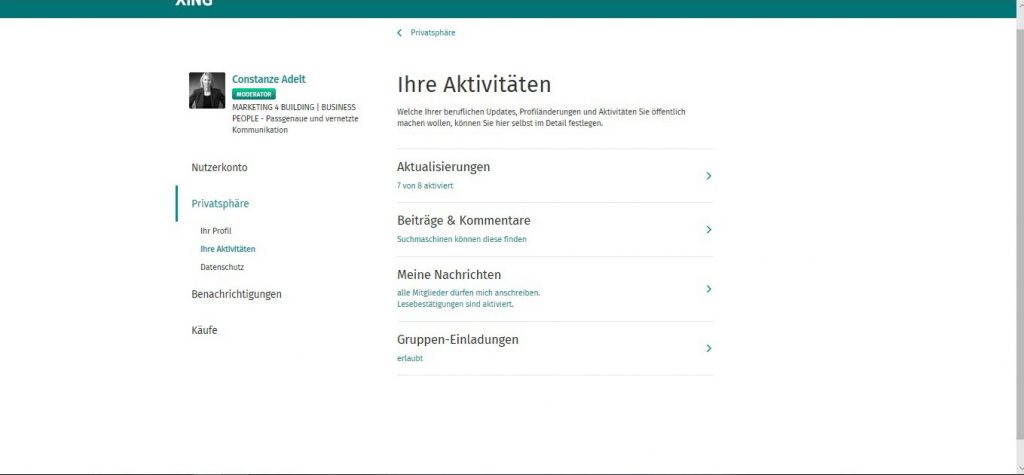 Einstellungen - Rubrik Privatsphäre, Ihre Aktivitäten