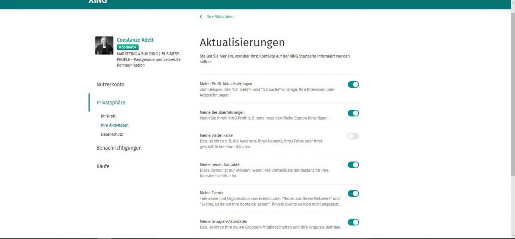 Einstellungen - Rubrik Privatsphäre, Ihre Aktivitäten, Aktualisierungen