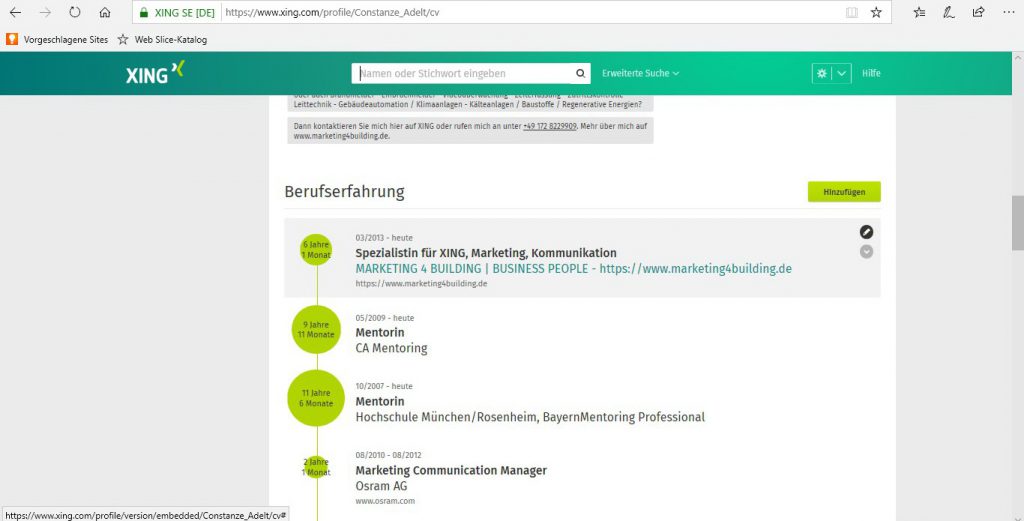 Visitenkarte - Verlinkung setzen, passende Berufserfahrung auswählen