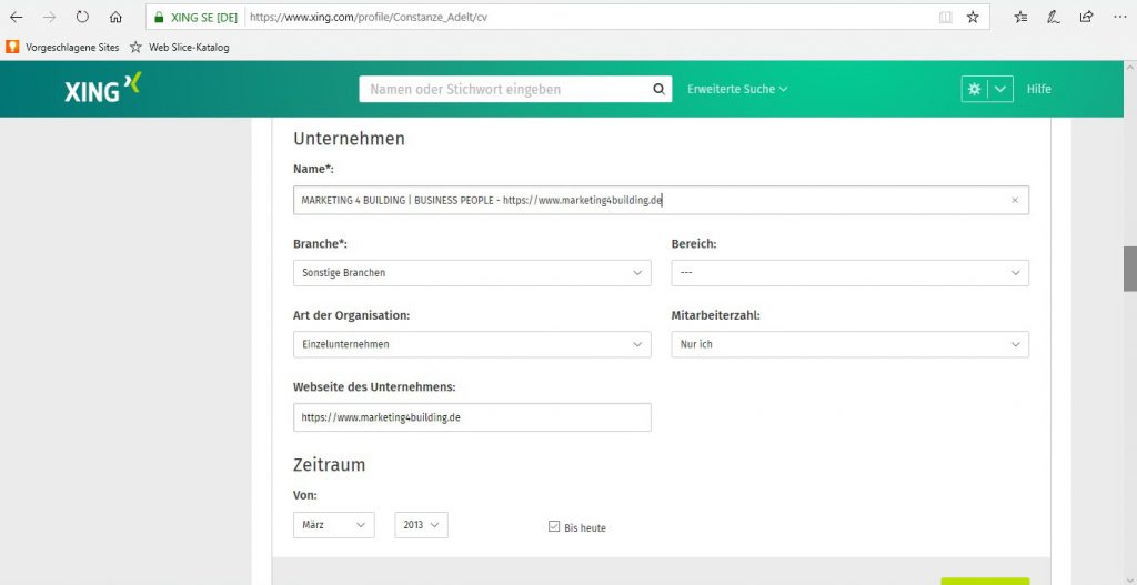 Visitenkarte - Verlinkung setzen unter Berufserfahrung, Name des Unternehmens