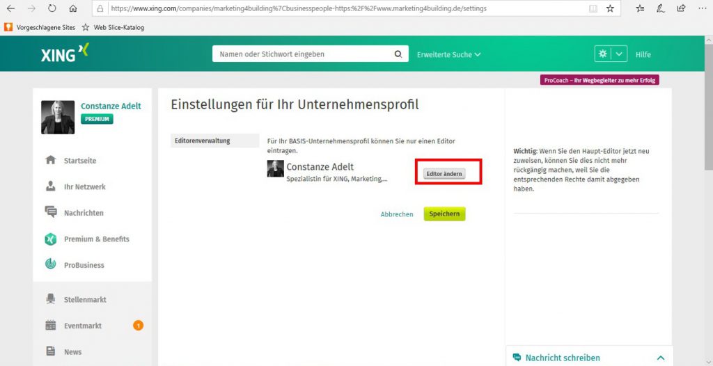 Unternehmensprofil gratis, Editor ändern